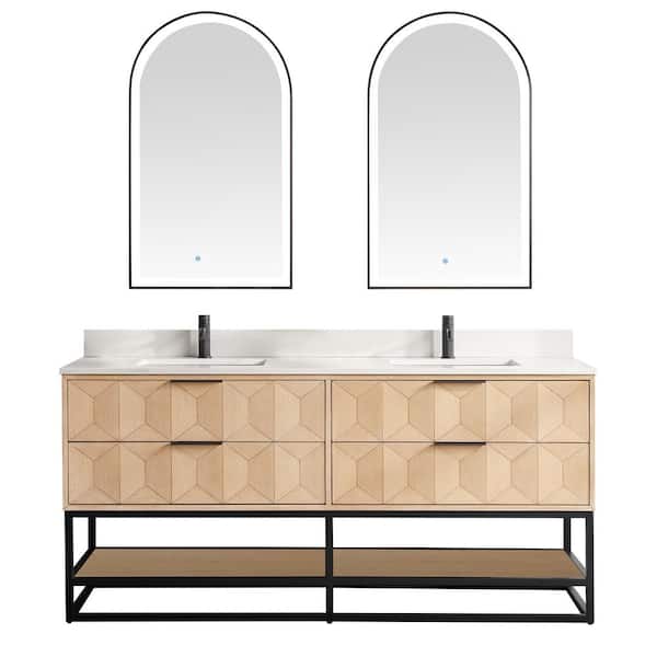 Milagro 72 in.W x 22 in.D x 33.8 in.H Double Sink Bath Vanity in Washed Ash Grey with White Quartz Stone Top and Mirror