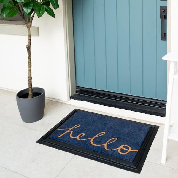 Blue Hello 18 in. x 30 in. Coir Door Mat