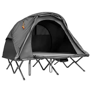 2-Person Folding Camping Tent Cot Outdoor Elevated Tent w/External Cover Gray