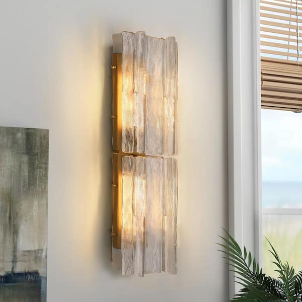 8.27 in. 2-Light Dimmable LED Brass Wall Sconces with Water Ripple Glass, for Living Room, Hallway, Stairway(1 piece)