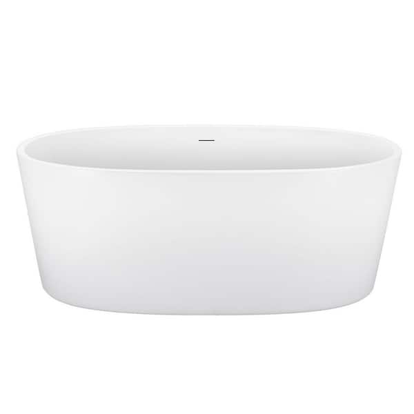 ANGELES HOME 63 in. Acrylic Oval Flatbottom Freestanding Soaking Bathtub in Glossy White Overflow and Drain