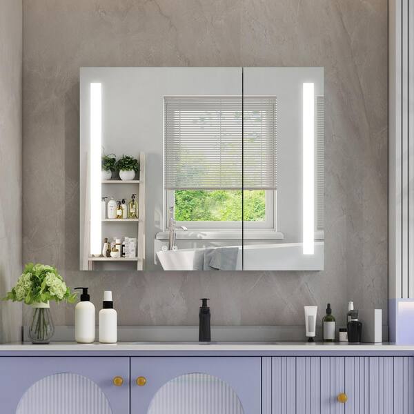ANGELES HOME 36 in. W x 30 in. H Rectangular Recessed Surface Mount Bathroom Medicine Cabinet with Mirror 2 Door Outlets USB Ports MNC843630SV The Home Depot