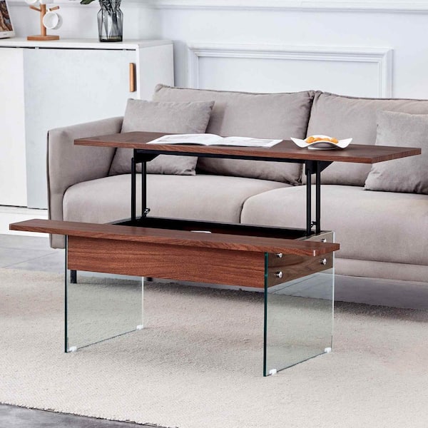 43.3 in. Wood Rectangle Glass Coffee Table with Multifunctional Lift Top