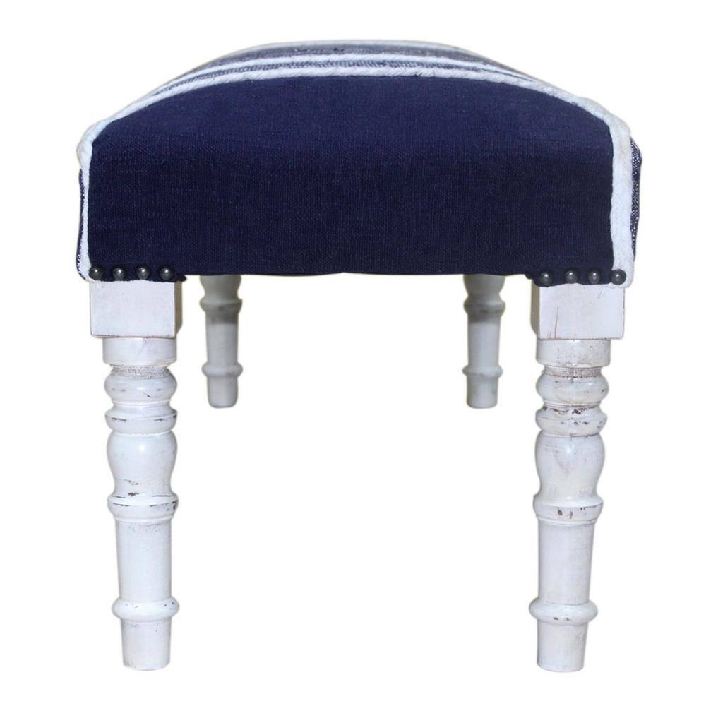 Navy and White Plaid Upholstered Storage Bench with Wood Legs