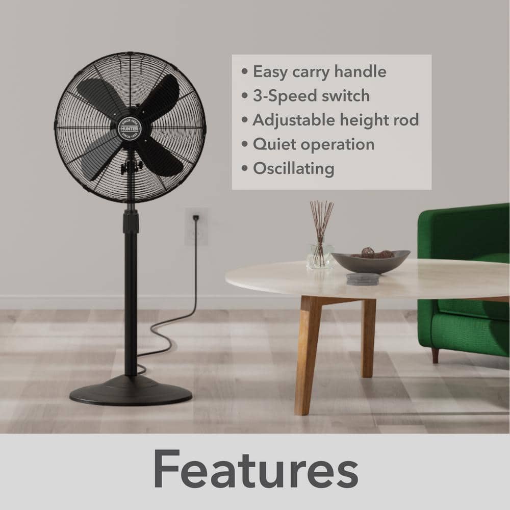 Hunter Matte Black 48" Oscillating Pedestal Fan with Adjustable Height