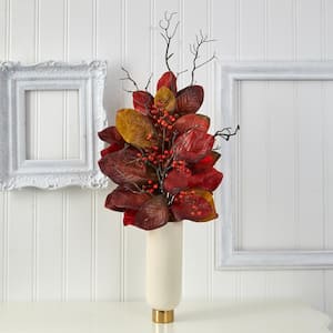 38 in. Autumn Magnolia Leaf with Berries Artificial Plant in Cream Planter with Gold Base