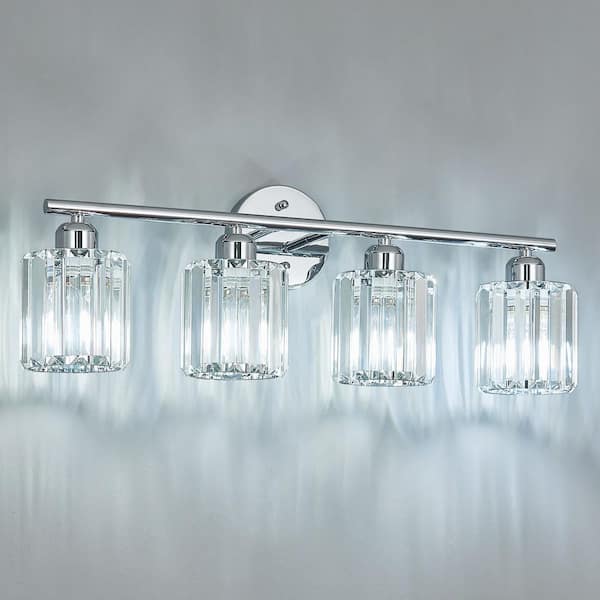 Home Lighting 25.98 in. 4-Light Chrome Vertical Bathroom Crystal Vanity Light Over Mirror for Dressing Table Sink