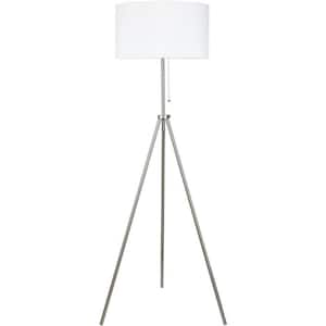 59 in. Silver Tripod Floor Lamp 100% Metal Body with Linen Round Shade E26 Socket