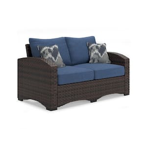 Blue Metal Outdoor Loveseat with Gray Cushions