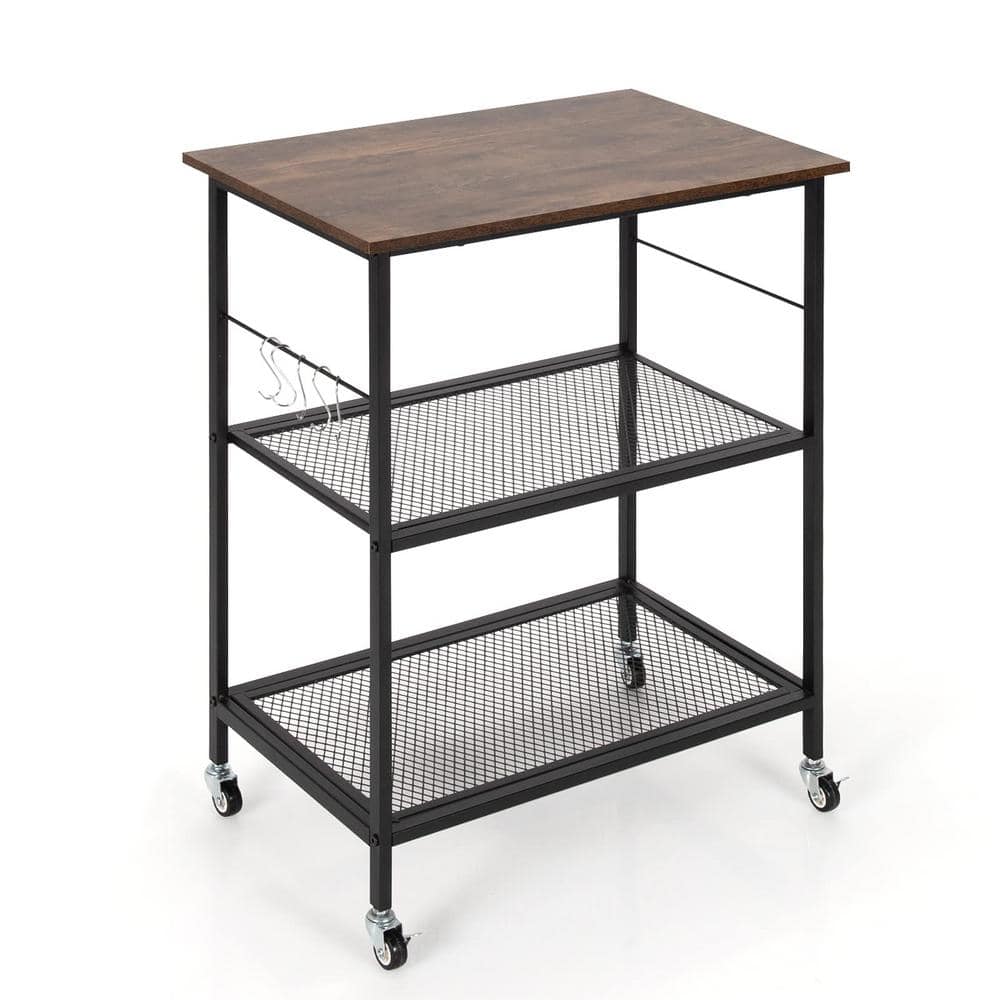 3-Tier Brown Kitchen Serving Cart Utility Standing Microwave Rack with Hooks - thumbnail 3