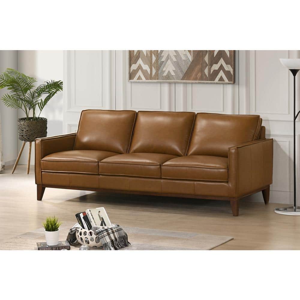 Caspar Caramel Brown Leather Stationary Sofa with Wood Legs