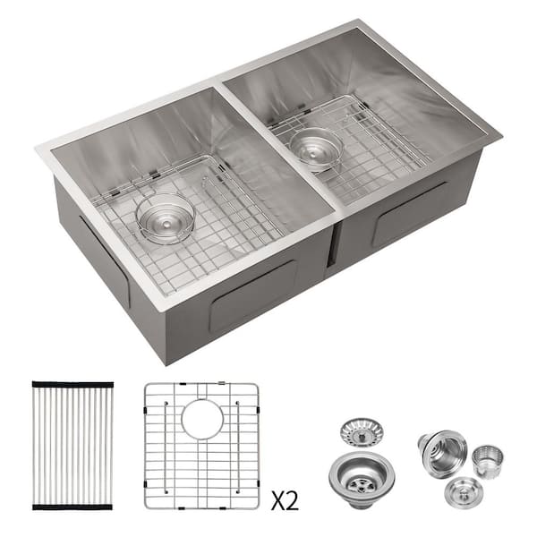 32 in. Drop-In/Undermount Double Bowl 16 Gauge Brushed Nickel Stainless Steel Kitchen Sink with Grid and Drain