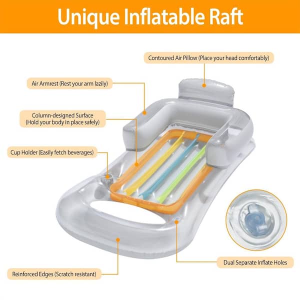 ITOPFOX 59 in. PVC Blue/Grey Inflatable Pool Float Raft, Headrest