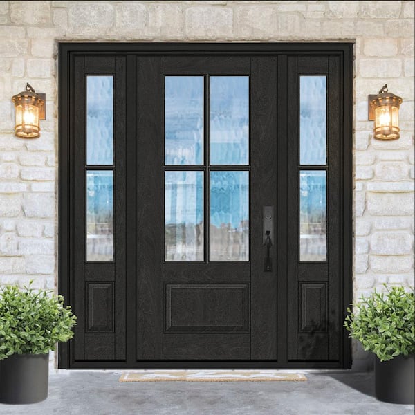 Regency 68 in. x 80 in. 3/4Lite 4SDL Oasis Deco Glass LHIS Prefinish Onyx Fiberglass Prehung Front Door w/2_ 14inSL