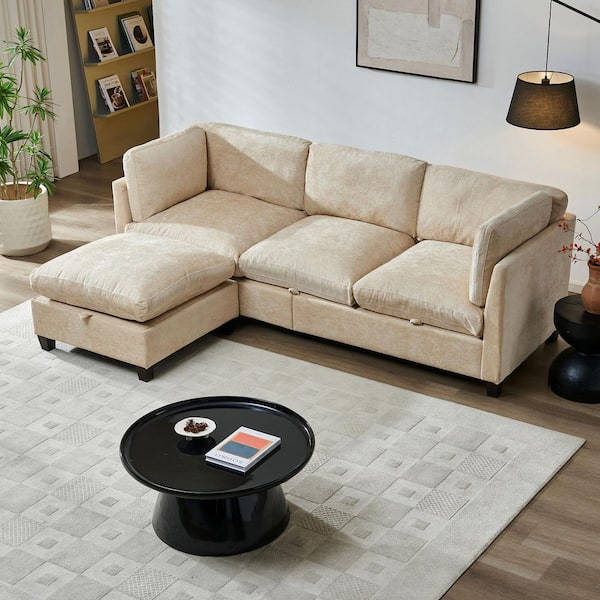 Prescott Modern 96.5 in. Chenille Upholstered L-shaped 3-Seater Storage Sectional Sofa in Light Coffee with Ottoman
