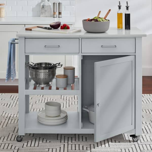 Home Decorators Collection Vining Modern Gray Rolling Kitchen Cart with White Marble Top and Double-Drawer Storage (45in. W)