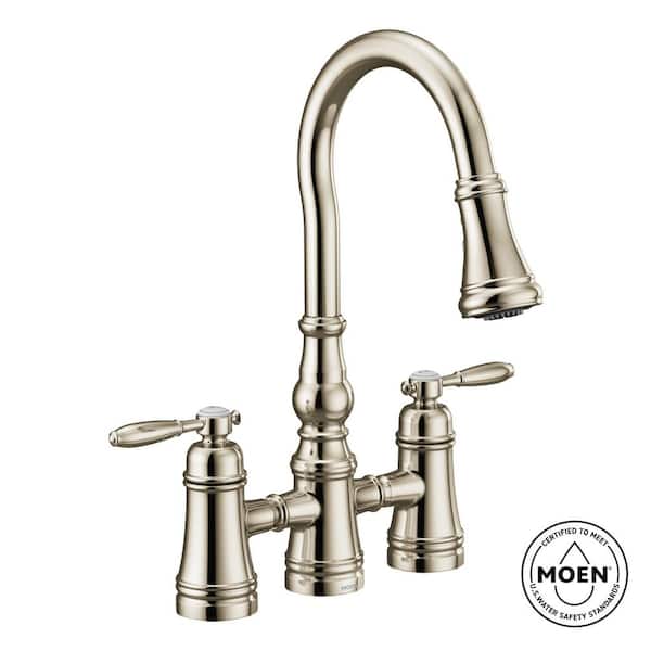 MOEN Weymouth 2-Handle High-Arc Bridge Kitchen Faucet with Power Boost ...