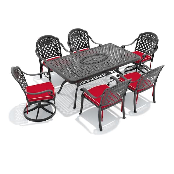 7-Piece Black Cast Aluminum Patio Outdoor Dining Set with Rectangular Table and 6 Swivel Dining Chairs, Red Cushions