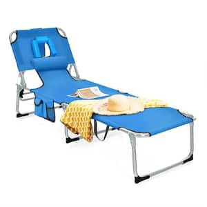 Gray Beach Reclining Metal Outdoor Lounge Chair with 5 Adjustable Positions Detachable Pillow and Hand Ropes in Blue