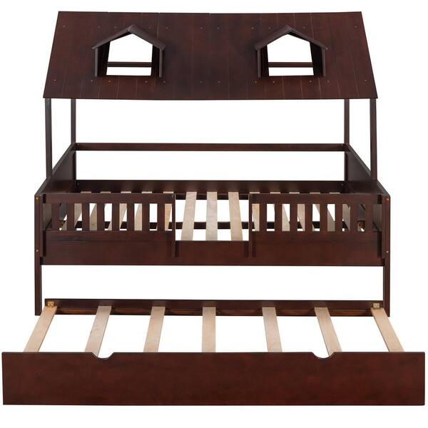 URTR Espresso Full Size House Bed Wood Bed with Twin Size Trundle, Full Bed Frame with Roof and Fence for Kids