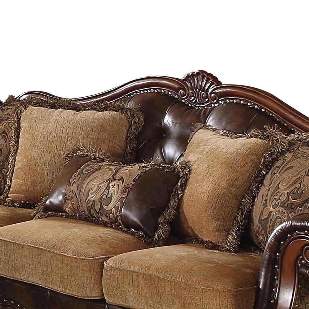 Elegant 95'' Two-Tone Brown Faux Leather & Chenille Sofa with Nailhead Trim