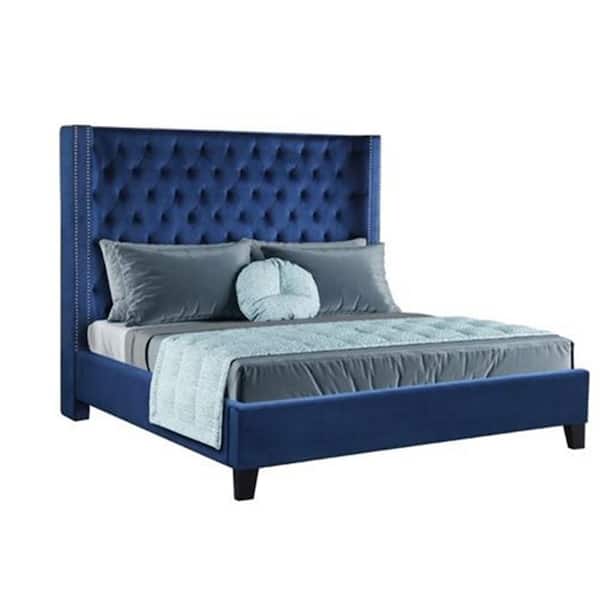 LUCKY ONE Bluebell 90.00 in. W Blue Upholstery Velvet Solid and Manufactured Wood Frame King Size Platform Bed