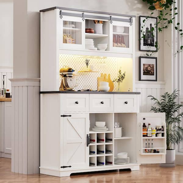 White 71 in. Storage Cabinet with Internal Storage Rack, Sliding Door, Power Outlet, Pegboard, Wine & Glasses Rack
