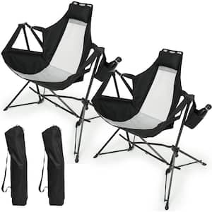 Set of 2 Black Metal Folding Lawn Chair, Camping Chair with Cup Holder and Carry Bag
