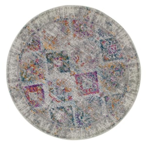 Calian Vintage Muted Gray and Ivory 5 ft. Round Patchwork Polypropylene Area Rug