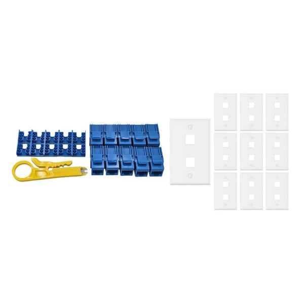 10-Pack 1-Gang White Keystone Plastic Wall Plates 2-Port and 10 Cat 6A RJ45 Keystone Jacks Blue