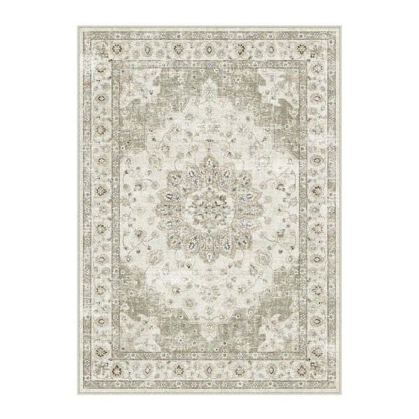 HaiiMeid Star Dream Gray 9 ft. x 12 ft. Vintage Washable Medallion Distressed Area Rug