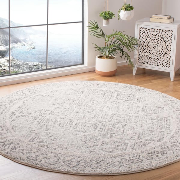 Tulum Ivory/Gray 9 ft. x 9 ft. Round Geometric Diamonds Border Area Rug