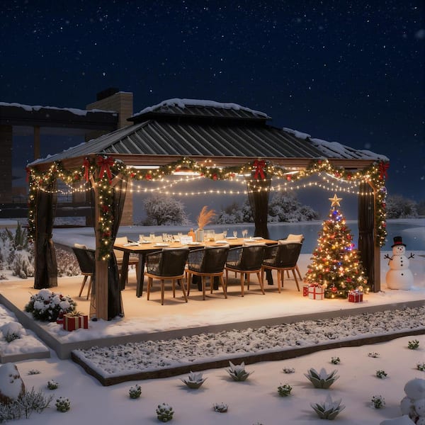 PURPLE LEAF 12 ft. x 16 ft.Wood Grain Aluminum Power-Coated Frame Galvanized Steel Double Roof Hardtop Gazebo,Hooks,Upgrade Netting