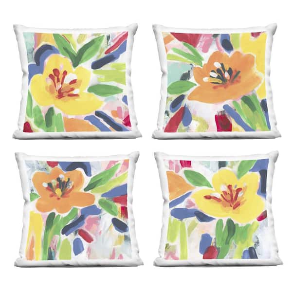 Fresh Vivid Blossoms Yellow Abstract Polyester 18 in. x 18 in. Throw Pillow Set of 4