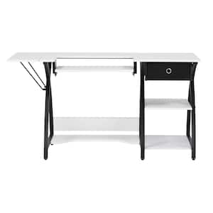 Comet Collection 56.75 in. W x 23.5 in. D PB Craft Sewing Table with Storage Drawer in White with Black Frame
