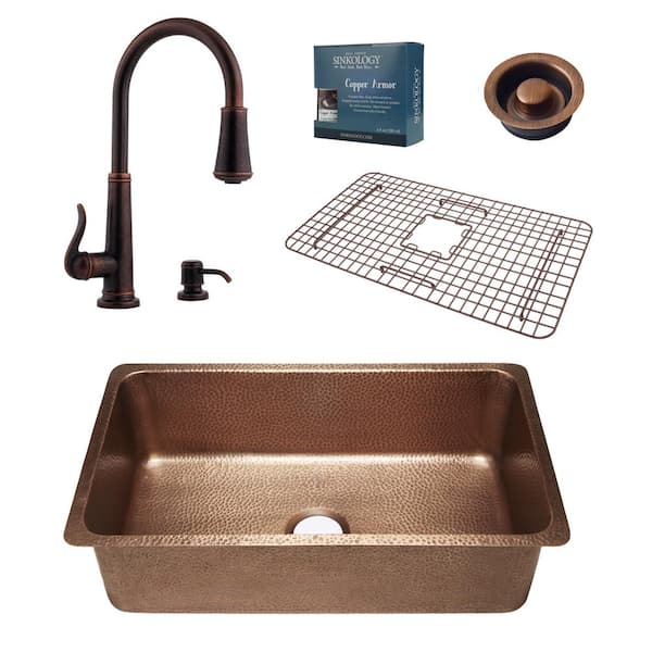 SINKOLOGY David All-in-One Undermount Copper 31-1/4 in. Single Bowl Kitchen Sink with Pfister Ashfield Bronze Faucet and Drain