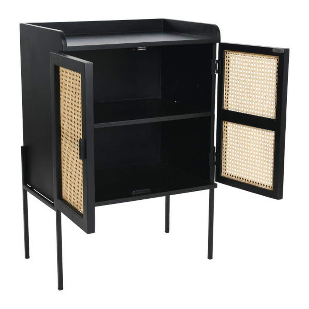 Black and Natural Solid Wood Bar Cabinet with Woven Cane Doors