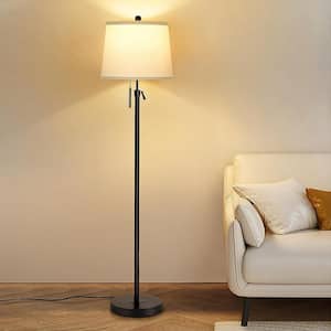 65 in. Black 1-Light Smart Adjustable Height Column Floor Lamp for Living Room with Fabric Drum Shade