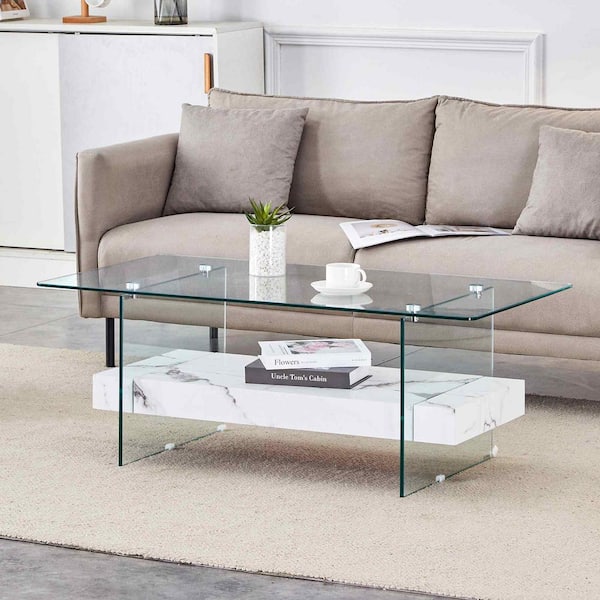 43.3 in. Transparent, White Rectangle Glass Coffee Table with 2-Tier Storage