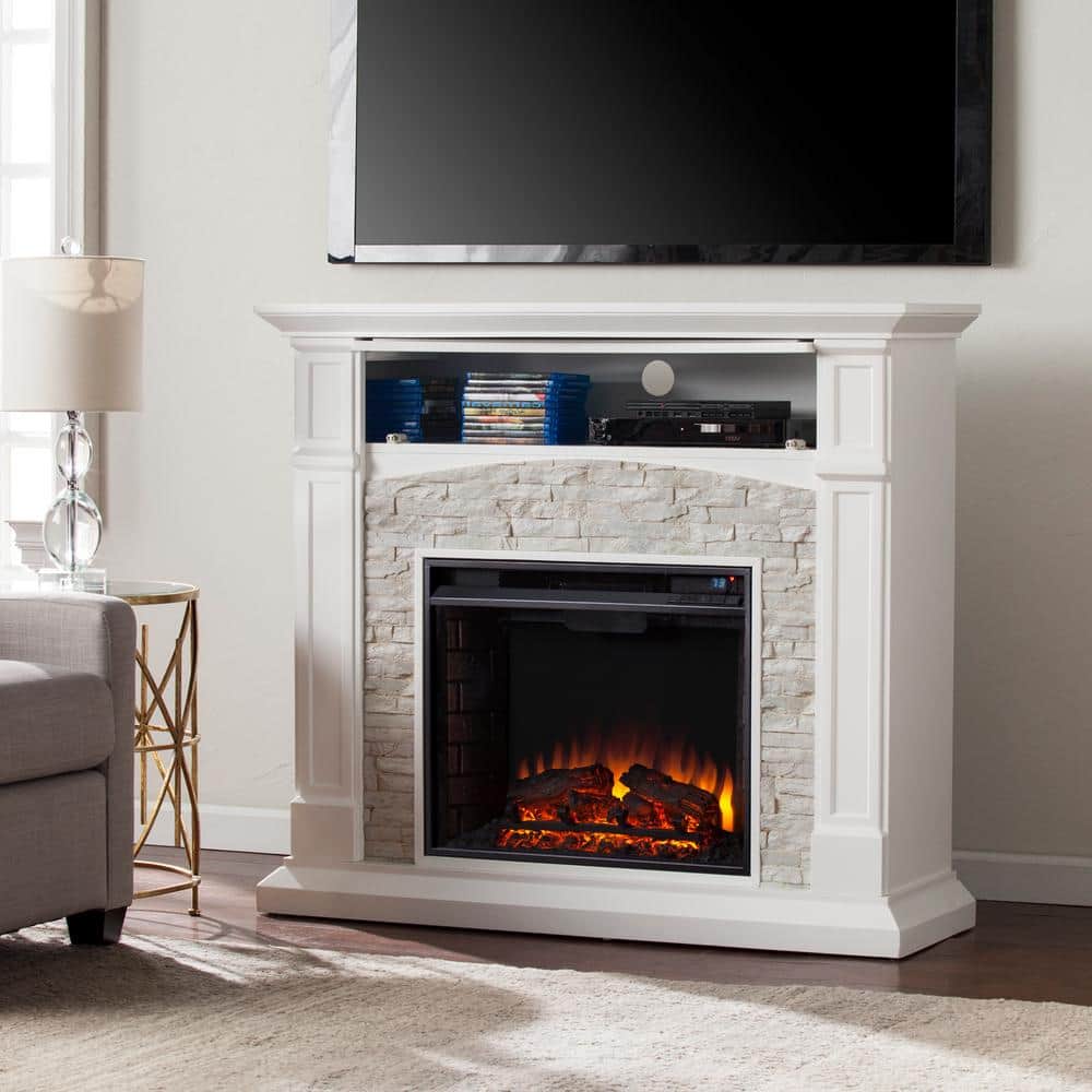 Southern Enterprises Conway 4575 In Electric Fireplace Tv Stand In White With White Faux Stone Hd90305 The Home Depot