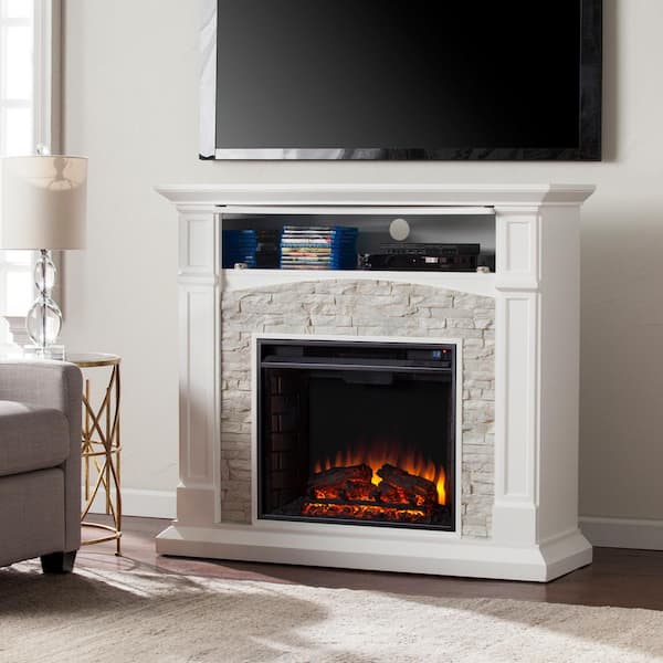 Southern Enterprises Conway 45.75 in. Electric Fireplace TV Stand in White with White Faux Stone