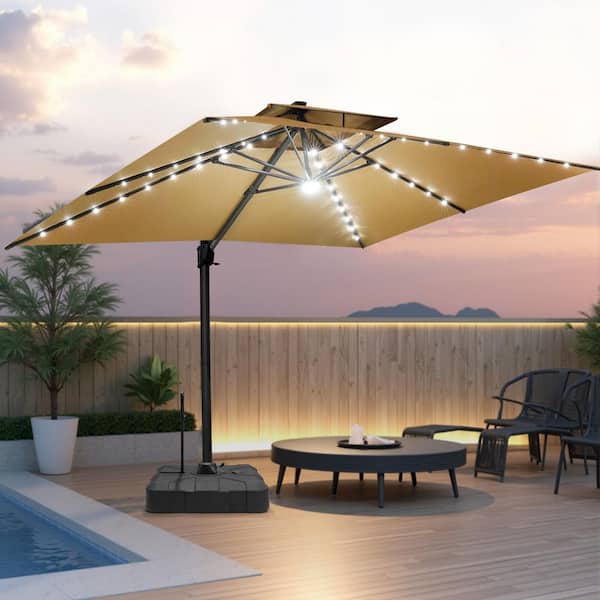 Pellebant 2-Tier Top 13.5 ft. x 10 ft. Solar LED Rectangular 360 Rotation  Cantilever Patio Umbrella in Tan with 350 lbs. Base UB039PU86LTAN