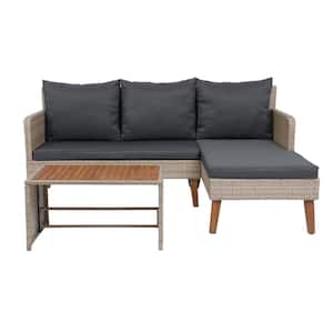 3-Piece Patio Sectional Wicker Outdoor Chaise Lounge Outdoor Furniture Sofa Set with Grey Cushions and Side Table
