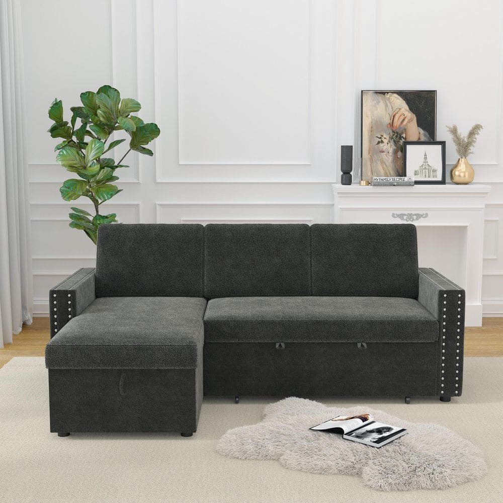 Dark Grey 85 in. Chenille Pull-Out Sofa Bed 3-Seater Sleeper with Storage C