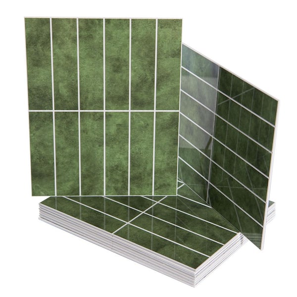 Green 9 in. x 11.4 in. SPC&PVC Peel and Stick Backsplash, Heat and Water Resistant Glazed-Ceramic Finish Tiles (10-Pack)