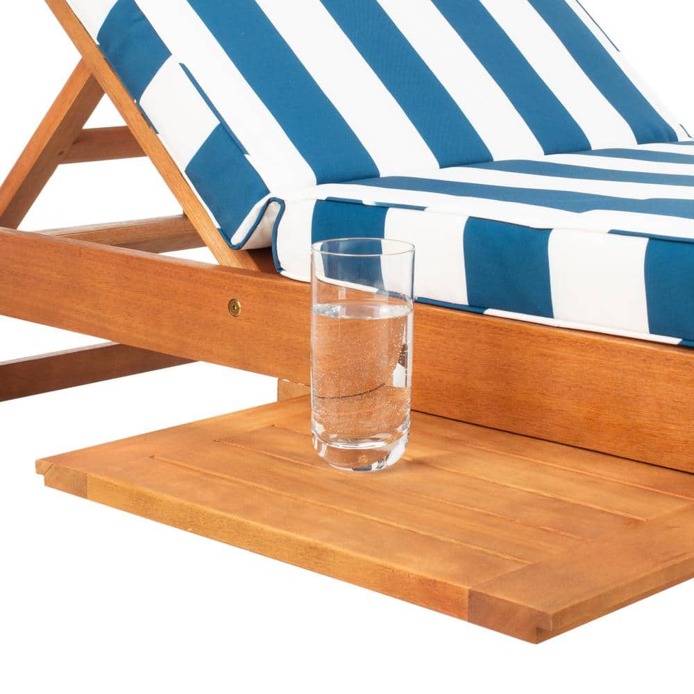 Natural Eucalyptus Wood Outdoor Chaise Lounge with Navy Striped Cushion