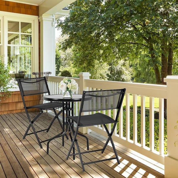 3-Piece Metal Round Outdoor Dining Set Patio Bistro Conversation Set with Black Tempered Glass Tabletop&2 Folding Chairs