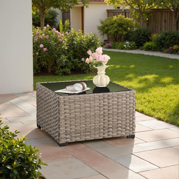 MIMIBBR 29.53 in. Outdoor PE Wicker Coffee Table Square Tempered Glass Table with Umbrella Hole
