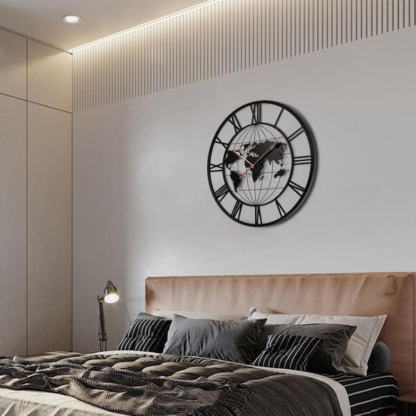 36 In. Large Silent Wall Clock Modern Black Metal World Map Design with Gold Hands for Home Decor