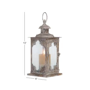 13 in. H Gray Metal Decorative Candle Lantern with Handle